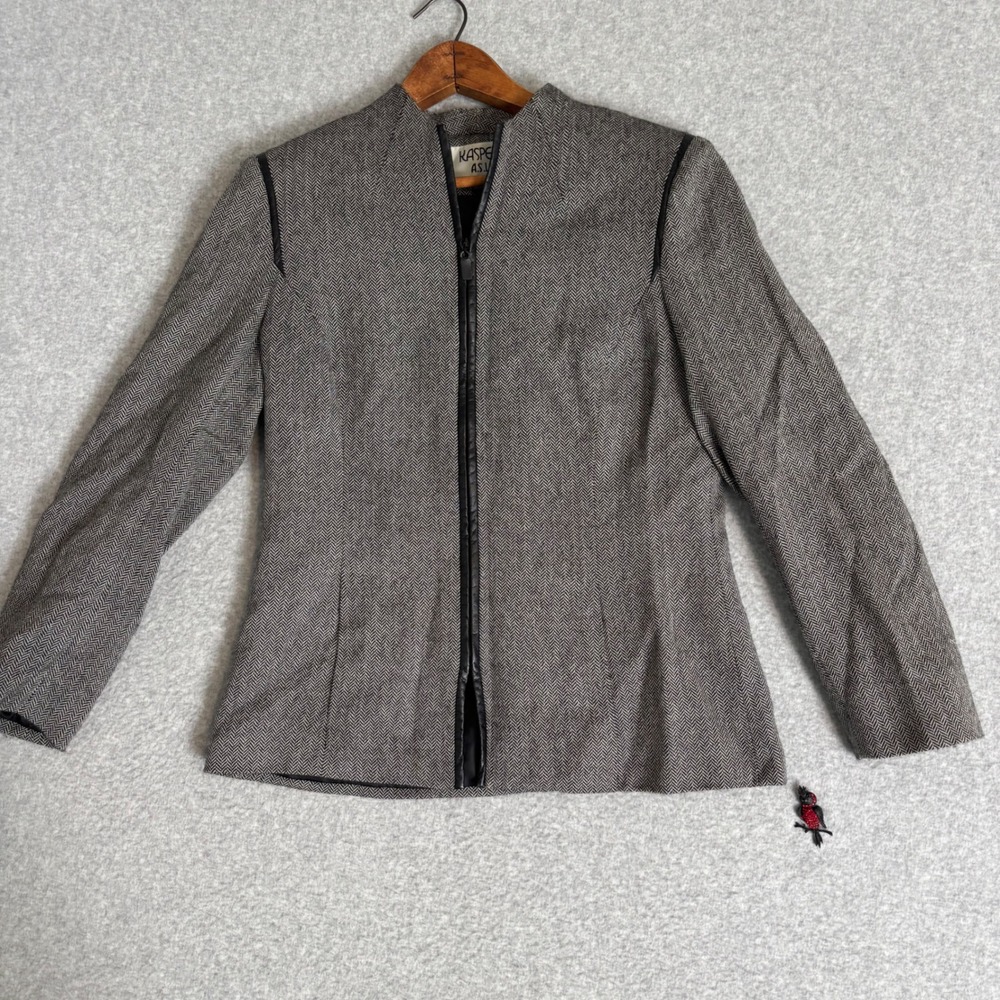 Kasper Women's 10 Wool Blazer Gray Herringbone Zip Front Jacket Black 90s Vtg‎